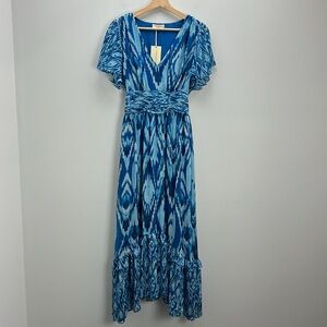 Ramy Brook Joanie Maxi Dress Blue Taza Ikat Flowy Tiered Womens XS New NWT
